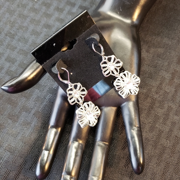 Vintage Givenchy Rhinestone Cut Out Flowers Dangle Earrings - Picture 9 of 12